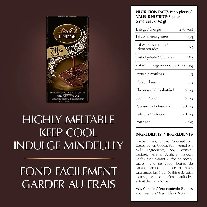 Chocolat noir LINDOR à 70 % de cacao de Lindt – Barre (100 g) Tablette/Barre 100g