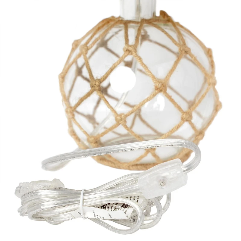 Elegant Designs Buoy Rope Nautical Netted Coastal Ocean Sea Glass Table Lamp with Burlap Fabric Shade