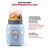 Starfrit 7 pcs  Personal Blender, 2 x 28oz (828ml) cups, 2 x travel lids, 2 blades, 3 speed modes: Low, High & Pulse, 300W, Blend smoothies, shakes, and soups with ease! The Starfrit Personal Blender has a 300W motor, 3 speeds, 2 tumblers with lids, and safety features. Dishwasher-safe and BPA-free for quick, safe, and convenient use.