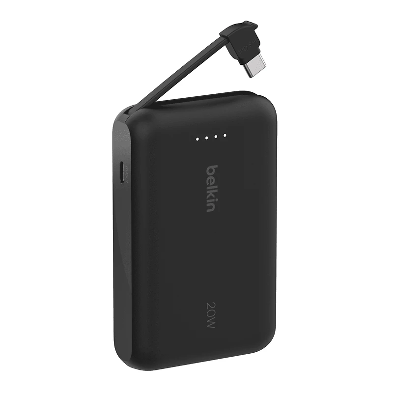Belkin BoostCharge Portable Power Bank, 2.2in/5.7cm Integrated Cable 10,000mAh PD 20W Fast Charge USB-C Power Delivery, Portable iPhone Charger for iPhone 15 Series, iPad Pro, Galaxy S24 & More Black, BEL 10K 20W CABLE PWRBNK BLK