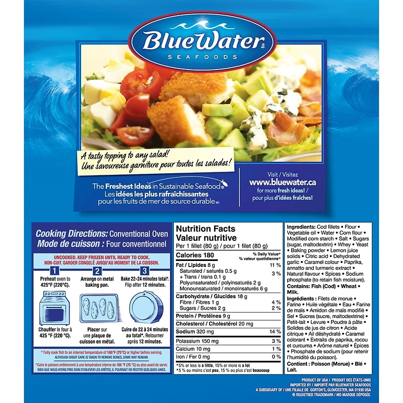 Filets de poisson croustillants BlueWater Seafoods, Morue sauvage avec chapelure Panko croustillante, Congelé, 7 morceaux, 525 g Filets de morue sauvage panés