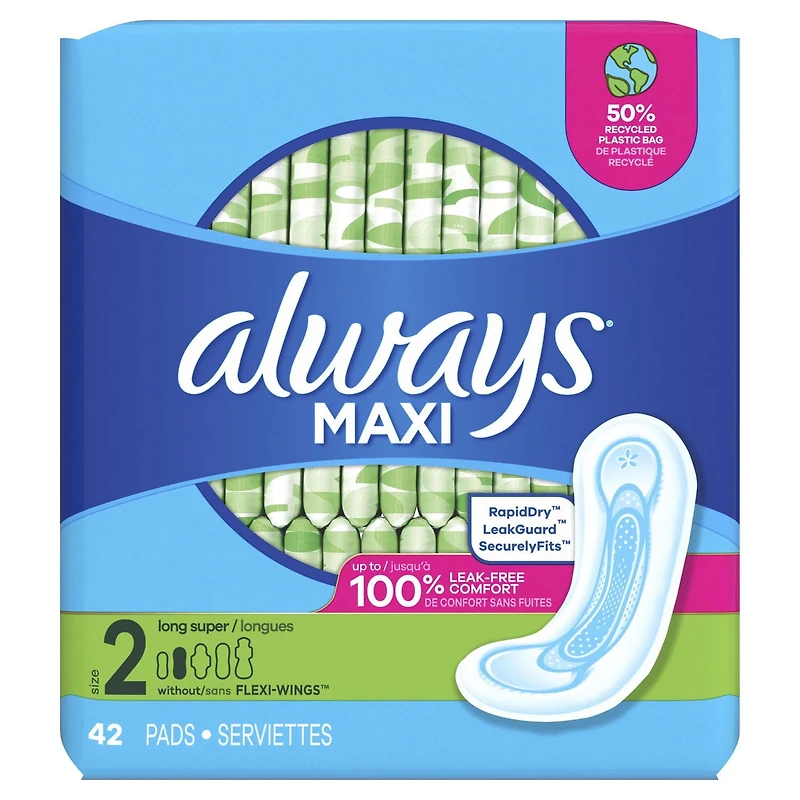Serviettes Always Maxi, longues, degré d’absorption super, sans ailes, pour femmes, taille 2, non parfumées