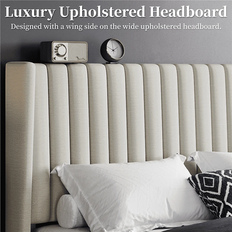 Fullfurnique Upholstered Bed Frame with Wing Side and Channel Headboard, King, Ivory