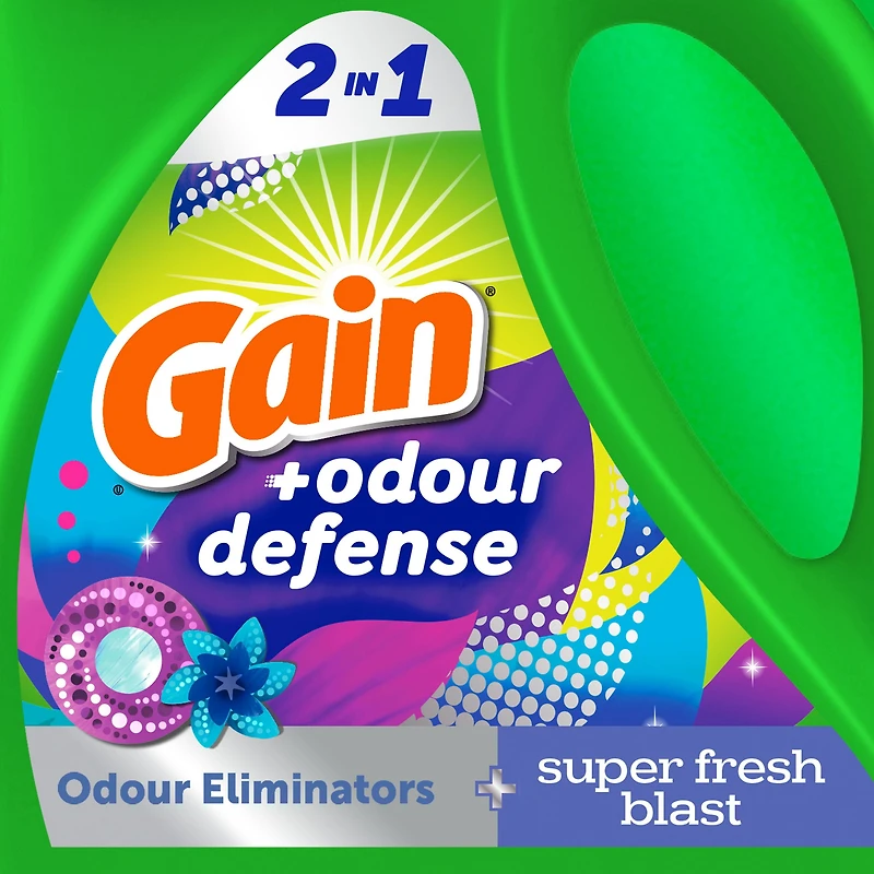 Détergent à lessive liquide Gain Odeur Defense, parfum Fraîcheur éclatante, 4,2 L, 100 brassées, 2 en 1, détergent à lessive liquide, compatible avec les laveuses HE