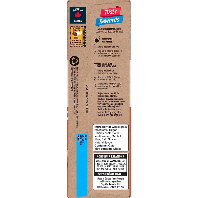 Quaker Gruau instantané Teneur élevée en fibres Raisins secs et épices 344 g.