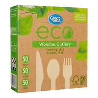 Great Value eco Wooden Cutlery, 150 Pieces