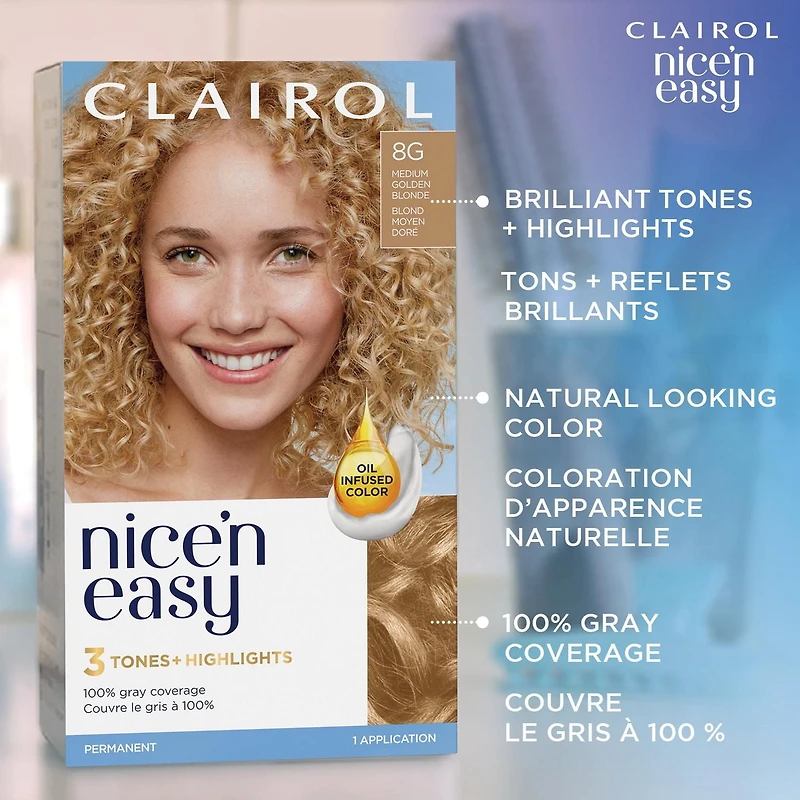 Clairol Nice'n Easy Permanent Hair Dye, 100% Gray Coverage