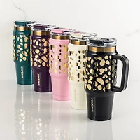 Thyme & Table 32oz Tumbler with Handle, Dual Straw Lid, Stainless Steel Double Wall Insulated, Black & Gold Dot