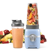 Starfrit 7 pcs  Personal Blender, 2 x 28oz (828ml) cups, 2 x travel lids, 2 blades, 3 speed modes: Low, High & Pulse, 300W, Blend smoothies, shakes, and soups with ease! The Starfrit Personal Blender has a 300W motor, 3 speeds, 2 tumblers with lids, and safety features. Dishwasher-safe and BPA-free for quick, safe, and convenient use.