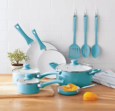 Mainstays Ceramic Nonstick 12 Piece Cookware Set, Blue Linen, MS CER 12PC SET BLU