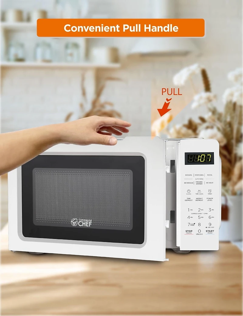 COMMERCIAL CHEF 0.7 Cubic Foot Microwave with 10 Power Levels, Small Microwave with Pull Handle, 700W Countertop Microwave up to 99 Minute Timer and Digital Display, White