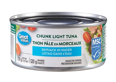 Thon à chair pâle Great value en morceaux 170 g (120 g égoutté), thon listao dans l’eau