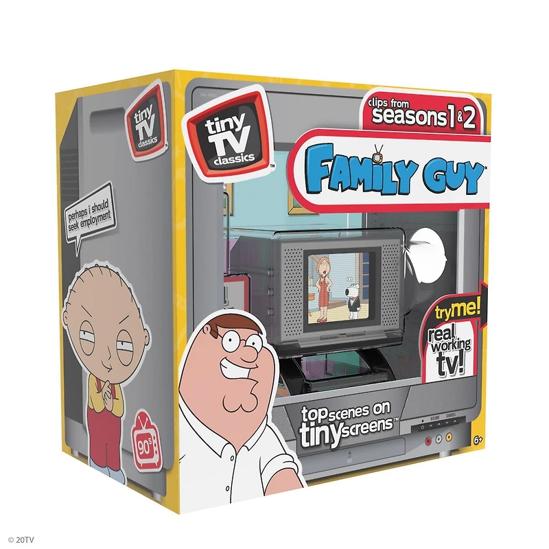 Tiny TV Classics - Édition Family Guy - La plus récente collection de Basic Fun - Regardez les meilleures scènes de Family Guy sur un véritable téléviseur Tiny (avec télécommande fonctionnelle) !
