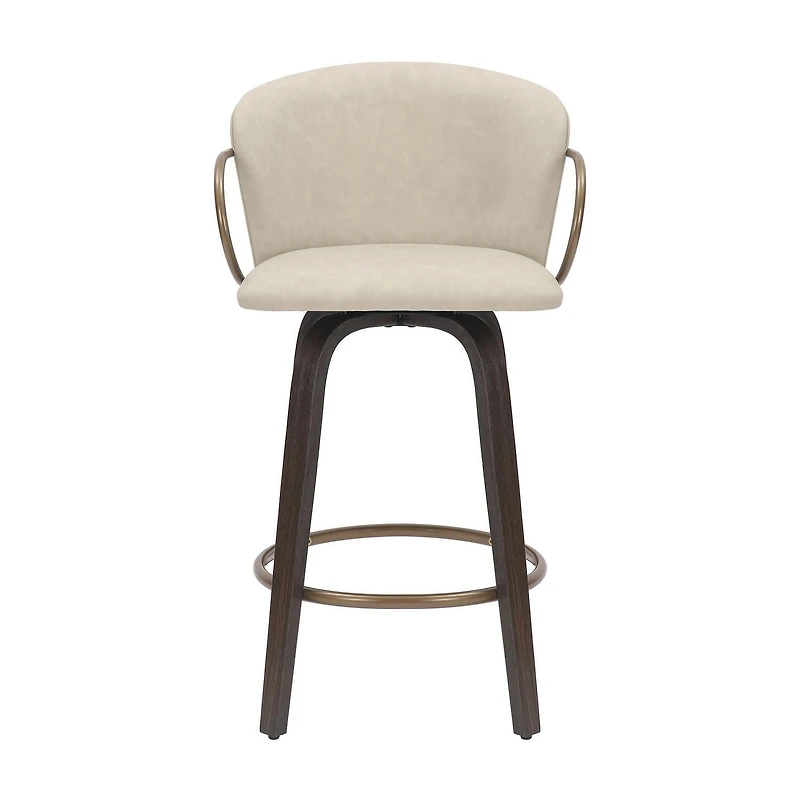 Tabouret de Comptoir, 26 po, avec Siège Pivotant, Jeu de 2 Milieu du Siècle en Similicuir et Bois et Métal - Ivoire et Brun et Or Vieilli