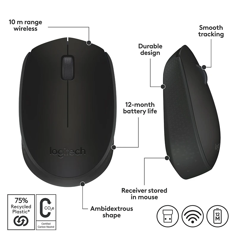 Logitech Souris Sans Fil M170, 2,4 GHz , Avec récepteur USB ultra-discret - Noir Vie de la batterie de 12 mois