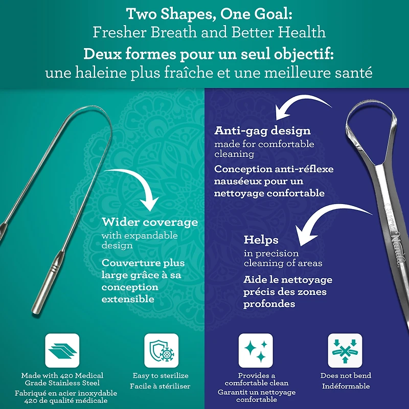 GuruNanda Assortiment de Gratte-Langues en Cuillère et en U avec Étui de Voyage, Acier Inoxydable, Sans BPA, pour Tous les Âges