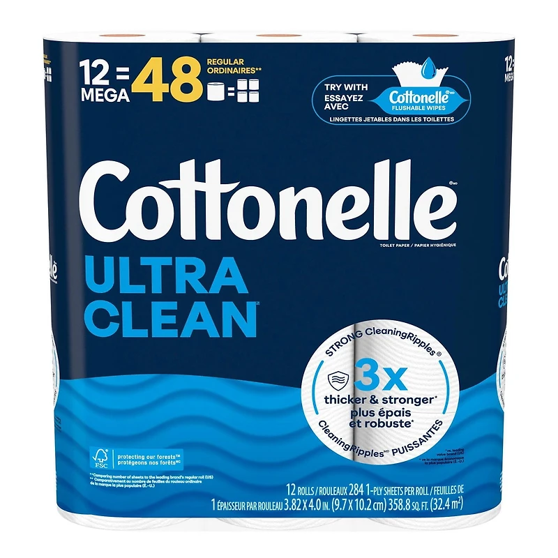 Papier hygiénique Cottonelle Ultra Clean,12 méga rouleaux, 284 feuilles par rouleau