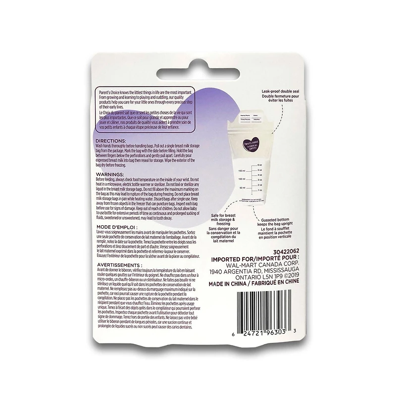 Parent's Choice Breast Milk Storage Bags, Pack of 60, 175 mL