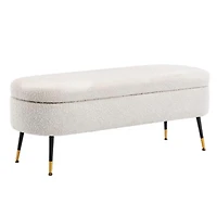 Pacha Storage Bench with white bouclé fabric and black legs with gold details