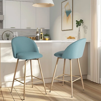 Ensemble de 2 tabourets de bar contemporains Homy Casa, assise de 66 cm, revêtement en tissu et pieds en bois, bleu