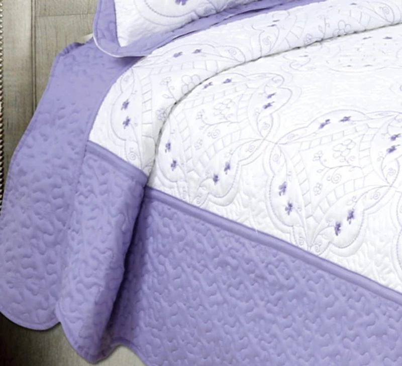 Marina Decoration Embroidered Stitching Coverlet Bedspread Ultra Soft Solid Bedding Summer Quilt Set with Quilted Sham, Purple Floral Pattern