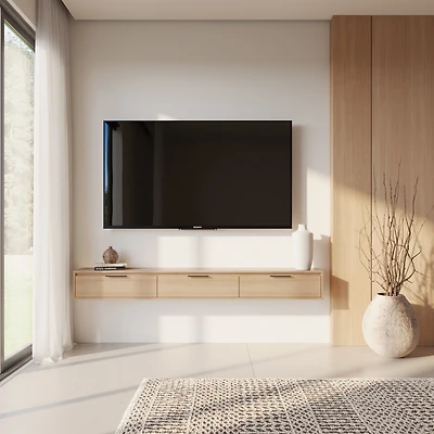 Meuble TV mural Nexera Slim 72 po à 3 portes et 3 armoires, chêne blond naturel