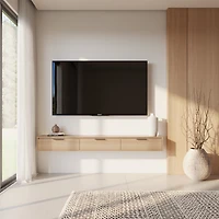 Meuble TV mural Nexera Slim 72 po à 3 portes et 3 armoires, chêne blond naturel