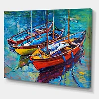 Designart Three Boats In The Harbor Canvas Wall Art