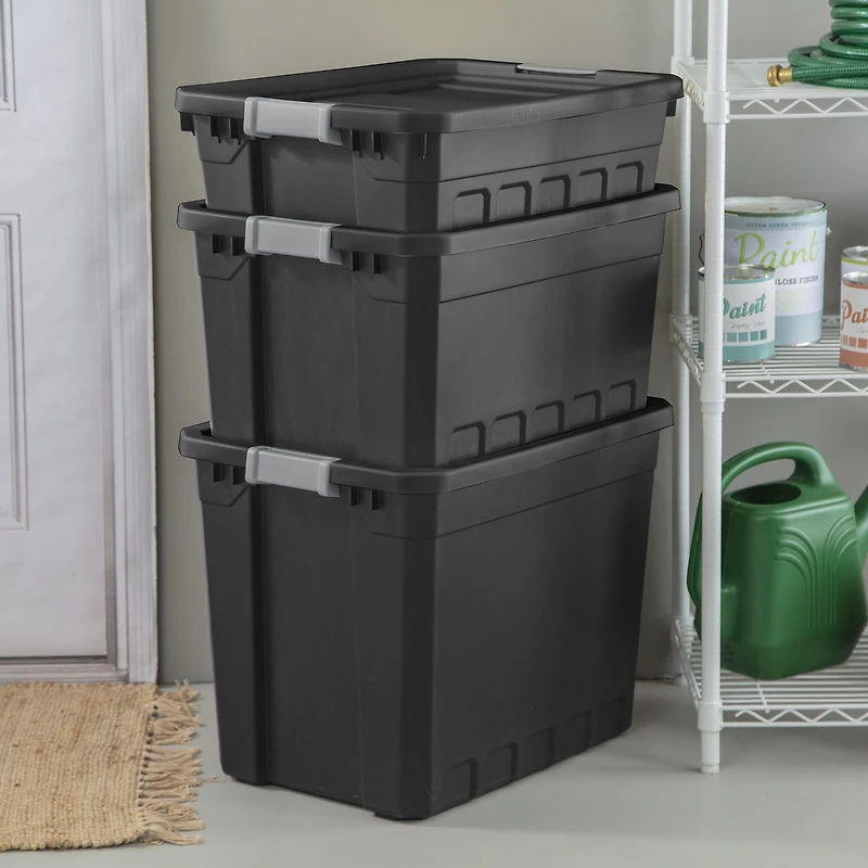 Sterilite 72 Liter Stacker Tote, Durable Plastic Bin with Latch Lid, Black - 6 Pk