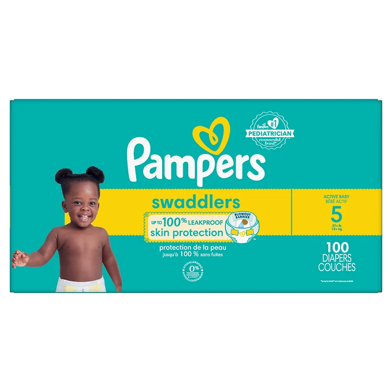 Couches Pampers Swaddlers, absorbantes, gardent bébé au sec et confortable, couche jetable pour bébé sans danger pour la peau, tailles 5 (9 à [20 à 37 lb])