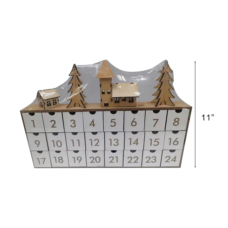 HOLIDAY TIME WOODEN CALENDAR DECOR W/HOUSE AND TREE