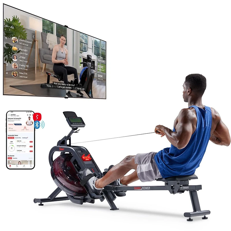 **Rameur à Eau Intelligent Phantom Hydro Sunny Health & Fitness**, avec Résistance Dynamique en Temps Réel, Capacité de 300 LB, Pliable, Connexion Bluetooth et Rail Extra Long – Modèle **SF-RW5910SMAR