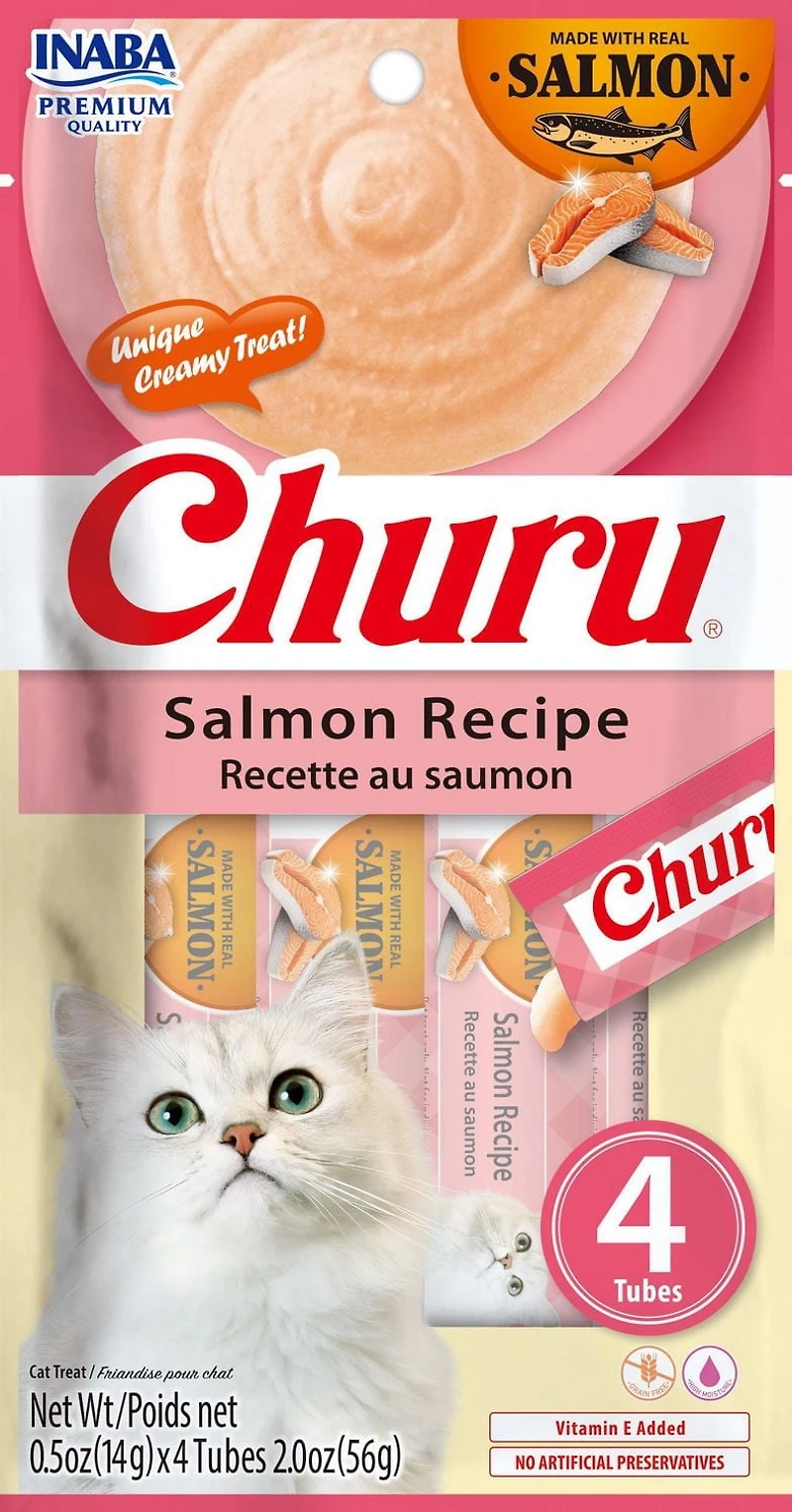 INABA Churu Friandises pour Chats, Purée crémeuse léchable sans grain avec vitamine E - Recette de saumon 4 tubes 56g (4x14g)