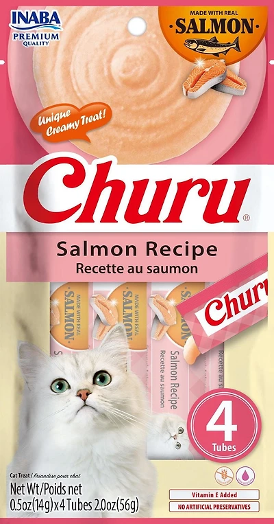 INABA Churu Friandises pour Chats, Purée crémeuse léchable sans grain avec vitamine E - Recette de saumon 4 tubes 56g (4x14g)