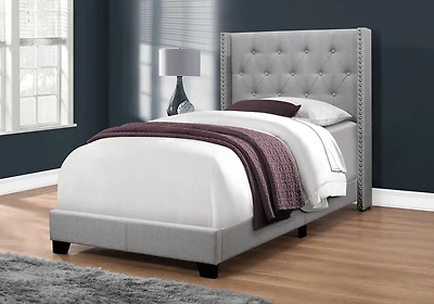 Monarch Specialties Bed, Twin Size, Platform, Teen, Frame, Upholstered, Velvet, Wood Legs, Grey, Transitional