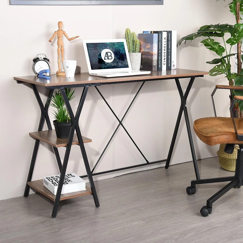 Homylin Home Office Computer Desk Writing Study Workstation with 2 Tier Storage Shelves, Industrial Style Wood Table and Metal Frame, Rustic Brown