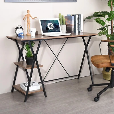Homylin Home Office Computer Desk Writing Study Workstation with 2 Tier Storage Shelves, Industrial Style Wood Table and Metal Frame, Rustic Brown