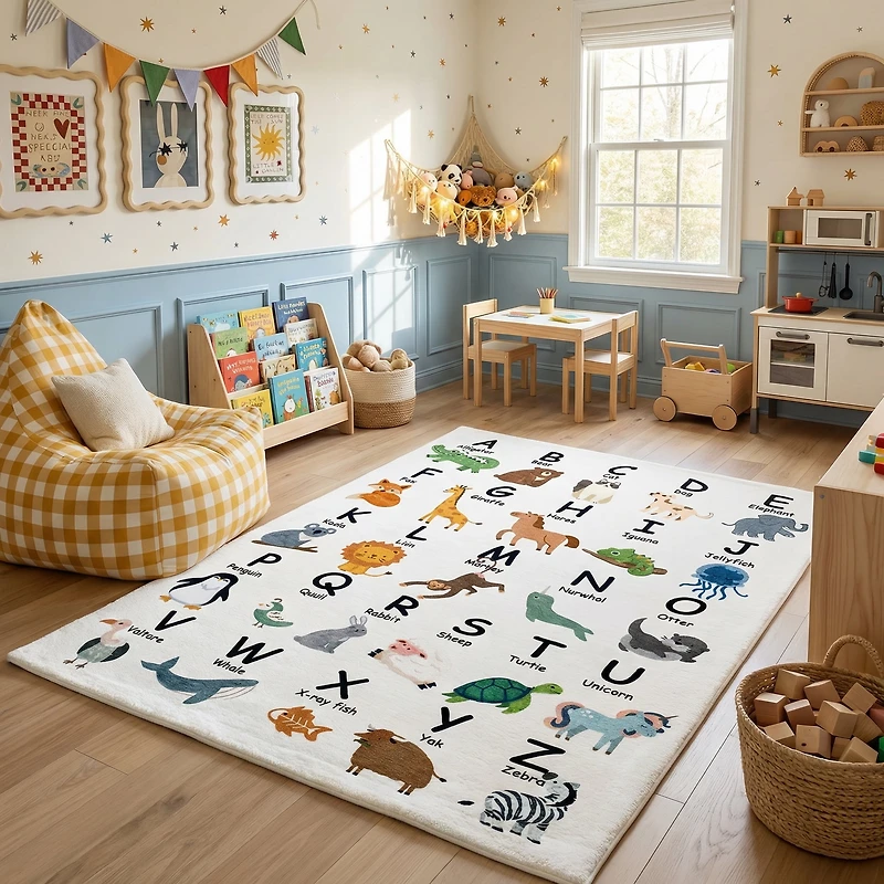 Rug Branch Soft Steps Playtime Alphabet Animals, Educational Learning Soft Area Rug, White Beige - Boys & Girls in Playroom, Nursery, Bedroom