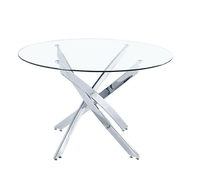 Diva Glass Star Table de salle à manger ronde de 91,4 cm avec plateau en verre trempé et base argentée – Dotée d'un design de base unique inspiré des étoiles, parfaitement dimensionnée pour 4 personne
