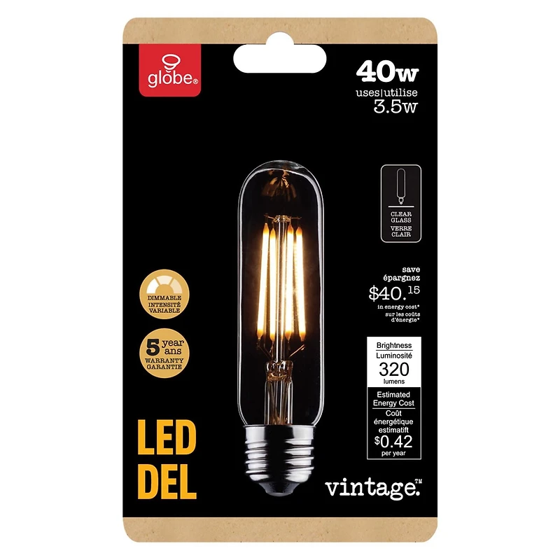 Globe Electric 40W Equivalent Warm White (2700K) T10 Dimmable Vintage Edison LED Plastic Light Bulb, E26 Base, 320 Lumens, 90 CRI, 31244