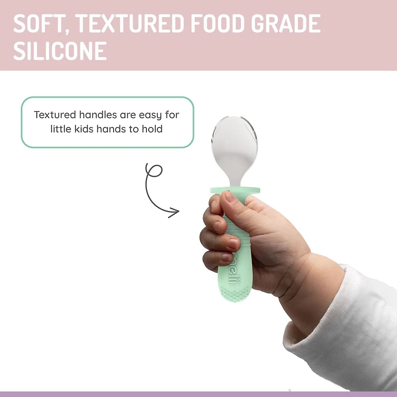Melii ensemble cuillère et fourchette en silicone et acier inoxydable pour bébé  4 pack - menthe + creme