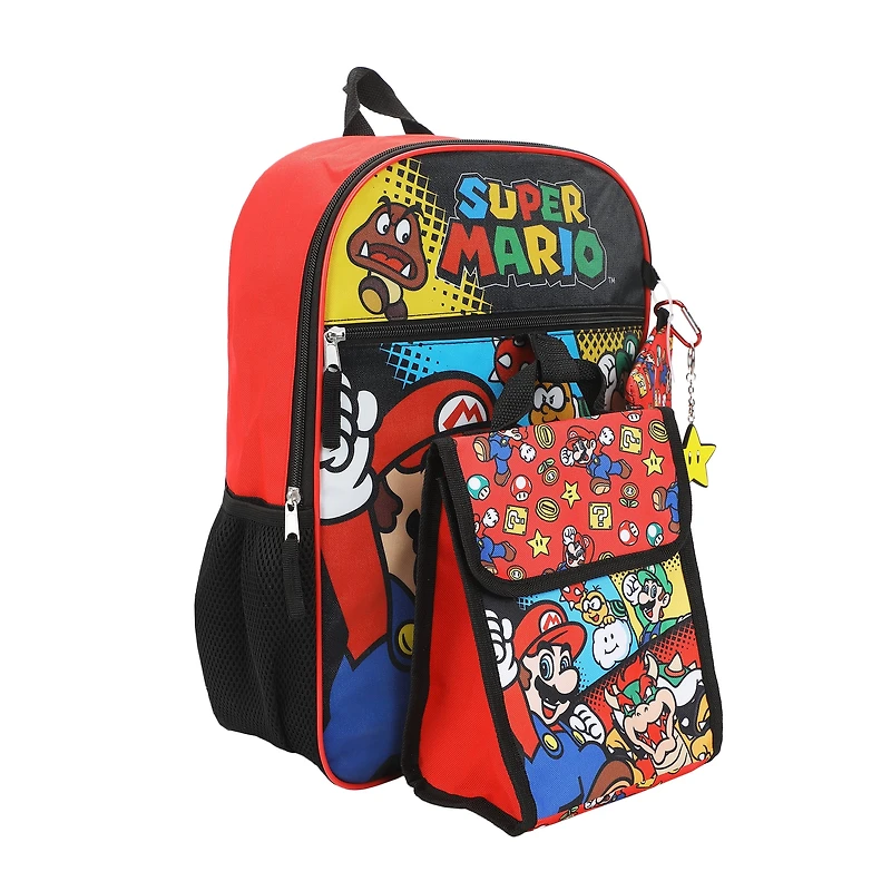 Super Mario 5-Piece Backpack Set With 16" Backpack, Lunch Kit, Utility Case, Keychain & Carabiner