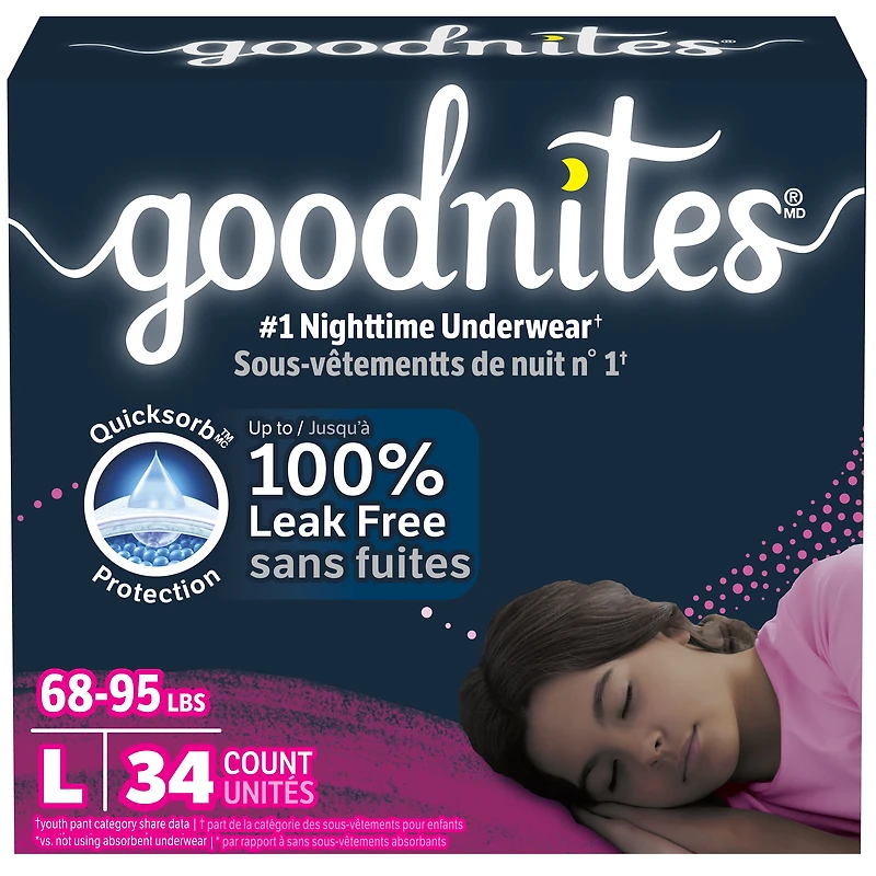 Sous-vêtements de nuit Goodnites pour filles,  Giga Pack, Taille XS - XXL | 44-24 Sous-Vêtements Taille XS - XXL | 44-24 Sous-Vêtements
