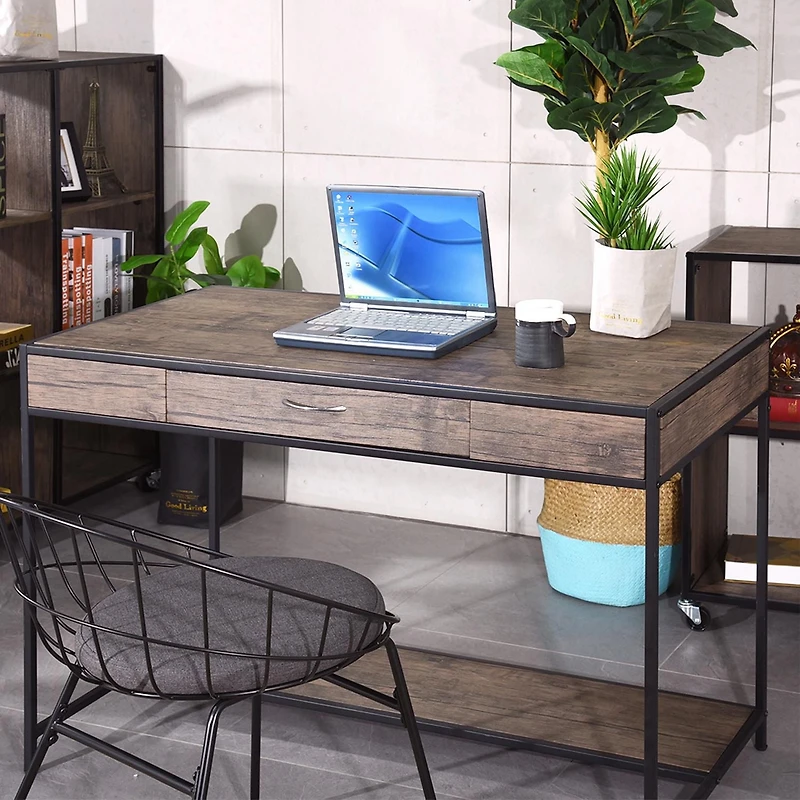 Homylin Home Office Computer Desk with Drawer, Retro Style 43" Wooden Writing Desk, Laptop Study Table Workstation, Stable Metal Frame, Rustic Dark Brown