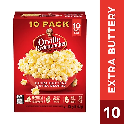 Orville Redenbacher Popcorn - Microwave Extra Buttery - (10 Bags, 82g), Non-GMO, whole grain microwave popcorn with a high source of fibre and gluten free