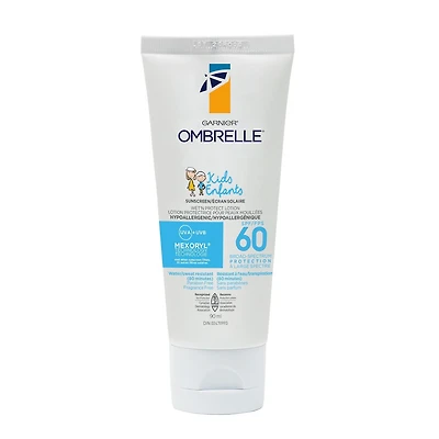 Garnier Ombrelle Écran solaire pour enfants FPS 60, formulé pour les peaux sensibles, non comédogène, hypoallergénique, sans parfum, haute protection à large spectre UVA/UVB, résistant à l'eau, 90 ml