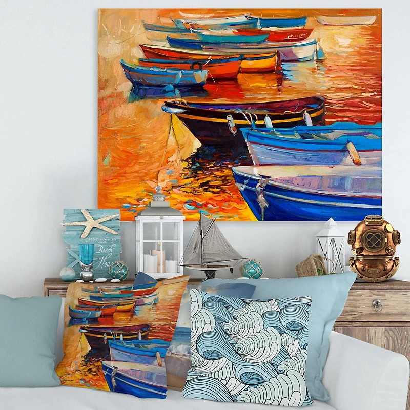 Designart Bateaux dans le port pendant le coucher du soleil chaud de Colourd I Art mural sur toile