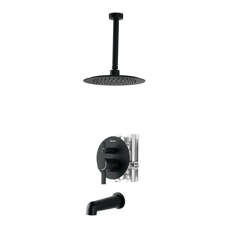akuaplus® Matte Black 3-Way diverter Pressure Balance Bath Shower Valve Set round w/ 1-Setting Shower head and Spout