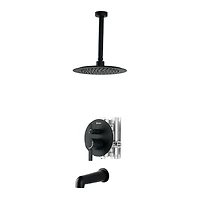 akuaplus® Matte Black 3-Way diverter Pressure Balance Bath Shower Valve Set round w/ 1-Setting Shower head and Spout