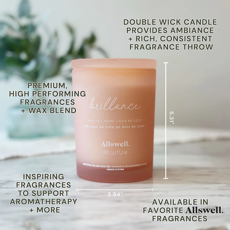 Bougie spa parfumée à la cire de noix de coco 15 oz Allswell, Brillance (Vanille + Poire + Noix de coco) Mélange de cire de noix de coco